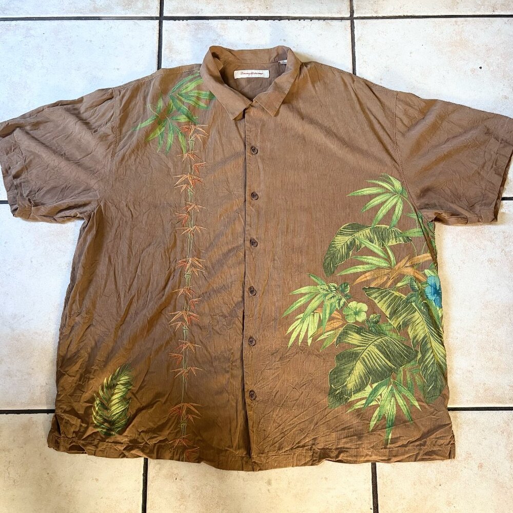 Tommy Bahama XXL Brown Hawaiian Shirt Tropical Palm Embroidered Silk Island